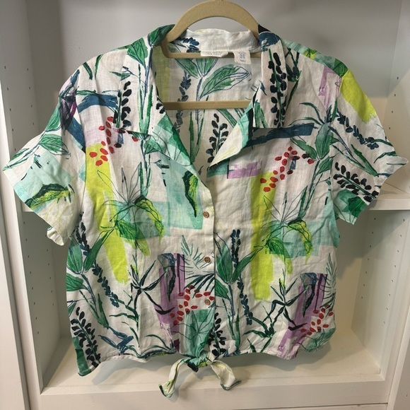 Sigrid Olsen Tops - Sigrid Olsen 100% Linen Tropical Print Button Down Shirt- Size XL